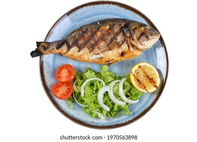 Grilled Bream And Vegetables. It Is Served With Various Sauces. White Background Top View. Grilled Fish Plate