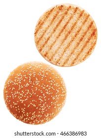 Grilled burger bun isolated on white background. Close up. - Shutterstock ID 466386983