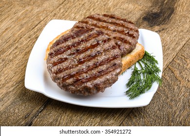 Grilled Burger Cutlet Beef Minced Meat On Wood Background