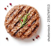 Grilled burger meat isolated on white background, top view.