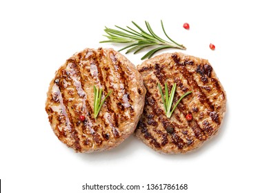 Grilled Burger Meat Isolated On White Background, Top View.