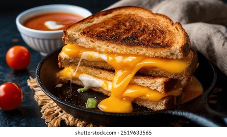 Grilled Cheese Sandwich: Golden, crispy bread with gooey melted cheese inside, served with a bowl of tomato soup for the ultimate comfort combo. - Powered by Shutterstock