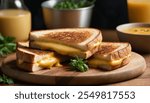 Grilled cheese sandwich with melted cheddar cheese, presented on a rustic wooden board, overhead view composition, professional food photography.