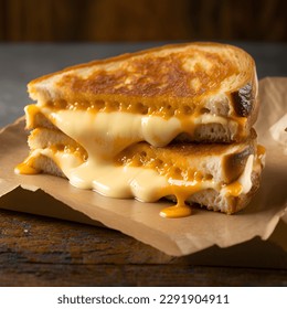 Grilled Cheese Sandwitch on a wooden plate with cheddar cheese and blue cheese - Powered by Shutterstock