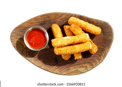 Grilled Cheese Sticks With Red Sauce, Served On A Wooden Board. Top View. Isolated On A White Background.