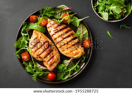 Grilled chicken breast, fillet, steak and fresh vegetable salad, top view, copy space. Healthy keto, ketogenic lunch menu with chicken meat and organic veggies and greens.