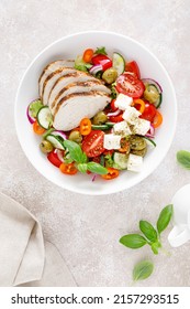 Grilled Chicken Breast And Fresh Greek Salad With Feta Cheese. Top View