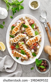 Grilled Chicken Breast And Greek Salad With Quinoa, Top View