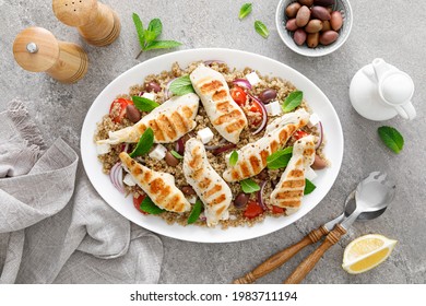 Grilled Chicken Breast And Greek Salad With Quinoa, Top View.