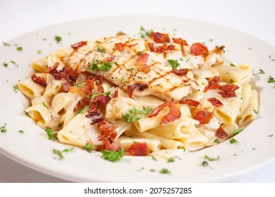 Grilled Chicken Breast On Bed Of Ziti Pasta In Creamy Alfredo Sauce Topped With Crispy Bacon Bits Garnished With Green Parsley On White Plate Isolated