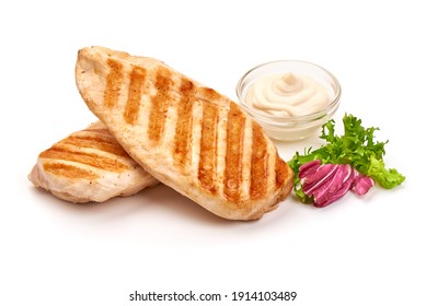 Grilled Chicken Breast Served With Mix Salad, Isolated On White Background.