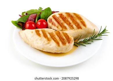 Grilled Chicken Breast Served With Mix Salad, Isolated On White Background