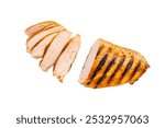 Grilled chicken breast sliced, showcasing perfectly cooked meat with charred lines, ideal for healthy meals or sandwiches