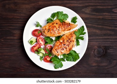 Grilled Chicken Breast And Vegetable Salad, Top View.