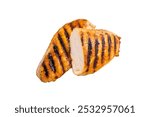 Grilled chicken breasts displayed on a white background showcasing perfect grill marks and juicy texture