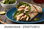 Grilled Chicken Caesar Wrap: Grilled chicken, romaine lettuce, Caesar dressing, and parmesan in a whole-wheat wrap, set against a white background