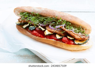 Grilled Chicken Ciabatta Sandwich With Grilled Vegetable and Microgreen. - Powered by Shutterstock