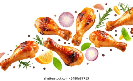 Grilled chicken drumsticks garnished with fresh herbs, onion slices, garlic, peppercorns, and citrus. A flavorful culinary display perfect for food photography and recipe inspiration. - Powered by Shutterstock