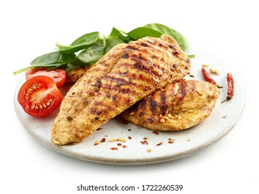 Grilled Chicken Fillet On White Plate Isolated On White Background