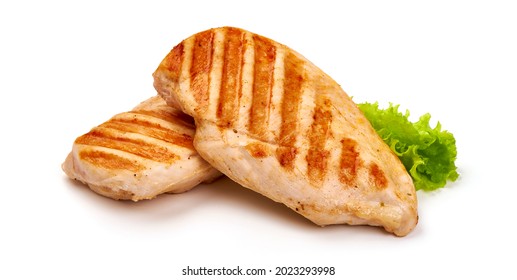 Grilled chicken fillet with tomato sauce, isolated on white background