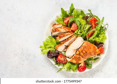 Grilled Chicken With Fresh Salad. Keto Diet, Healthy Eating. Top View On White Table With Space For Text.