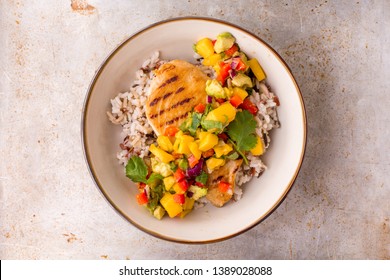 Grilled Chicken With Mango Avocado Salsa And Rice, Top View