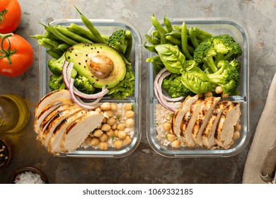 Grilled Chicken Meal Prep Containers With Cooked Rice And Vegetables