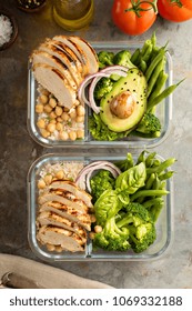 Grilled Chicken Meal Prep Containers With Cooked Rice And Vegetables