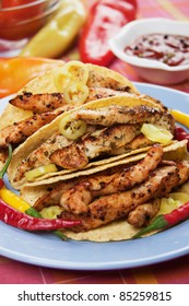 Grilled Chicken Meat And Hot Chili Peppers In Taco Shells