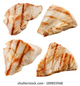 Grilled Chicken Meat Pieces Isolated On White. Collection