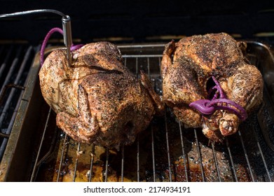 Grilled Chicken On A Barbecue Grill With Meat Thermometer