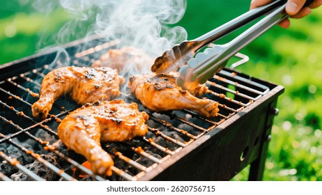 Grilled Chicken on Outdoor BBQ Grill with Rising Smoke