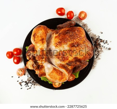 grilled chicken on a plate on a white background, top view. tobacco chicken
