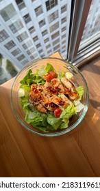 Grilled Chicken Salad With Romaine Lettuce And Cherry Tomatoes Top View