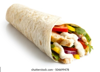 Grilled Chicken And Salad Tortilla Wrap With White Sauce Isolated On White.