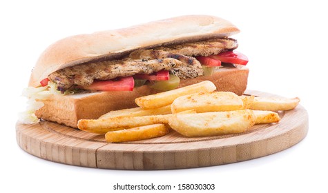 Grilled Chicken Sandwich With French Fries Isolated On White Background 