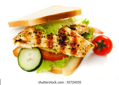 Grilled Chicken Sandwich Isolated On White Background