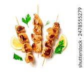 Grilled chicken skewers isolated on white background, top view. Meat pork, chicken or turkey shish kebab, soulvaki with parsley and lemon slices, design element.