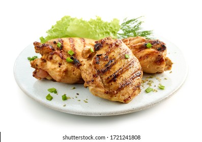 Grilled Chicken Skinless Ham Meat On White Plate Isolated On White Background