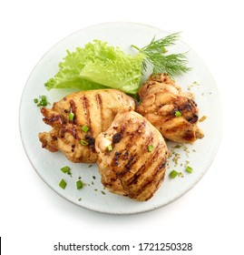 Grilled Chicken Skinless Ham Meat On White Plate Isolated On White Background, Top View