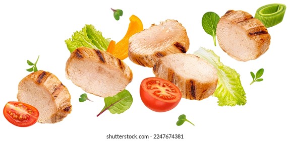 Grilled chicken slices with vegetables isolated on white background - Powered by Shutterstock - Get 15% off with code: PIKWIZARD15