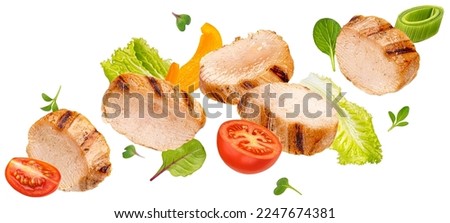 Grilled chicken slices with vegetables isolated on white background