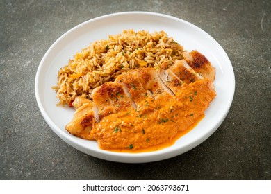 grilled chicken steak with red curry sauce and rice - muslim food style