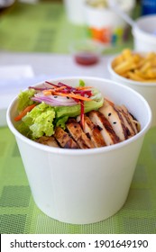 Grilled Chicken With Vegetables Noodle Meal In A Paper Bowl. Korean Asian Food Meal