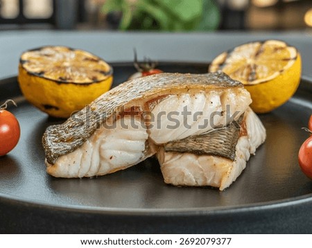 Grilled Cod with Lemon and Tomatoes , seafood photography, healthy plated meal, black plate presentation, lemon garnish, restaurant,style food, fresh fish.