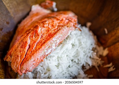 Grilled Cooked Red Sockeye Salmon Seafood Fish Fillet Closeup On White Rice Bed And Wooden Bowl