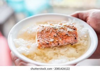 Grilled Cooked Red Sockeye Salmon Seafood Fish Fillet Closeup On White Rice Ochazuke Japanese Soup In Bowl With Broth Macro