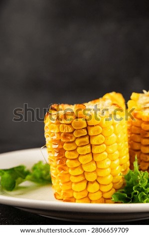 Grilled corn cob vegetable dish corn snack food preparation tasty snack fresh, delicious gourmet food background on the table rustic food top view copy space keto and paleo diets vegetarian and vegan food