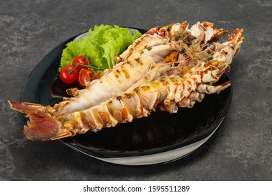 Grilled Crayfish In The Plate Served Salad