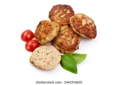 Grilled cutlets, fried meat balls, top view, isolated on white background.